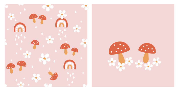 Seamless pattern with mushroom, cute flower and rainbows on pink background vector illustration. Mushroom and little flower card.