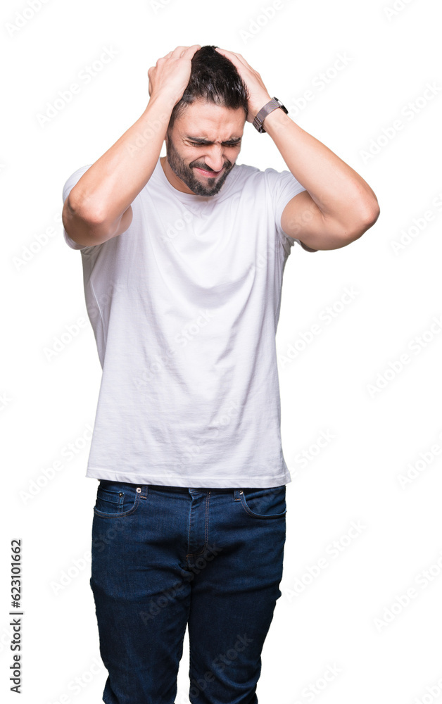 Canvas Prints young man wearing casual white t-shirt over isolated background suffering from headache desperate an