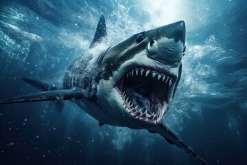 A ferocious great white shark attacks. Great for posters, wildlife stories, book covers and more.