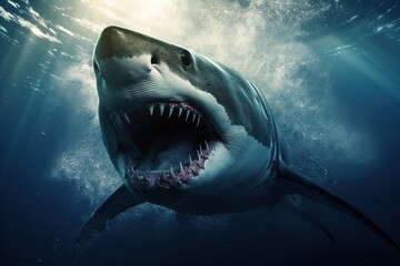 A ferocious great white shark attacks. Great for posters, wildlife stories, book covers and more.