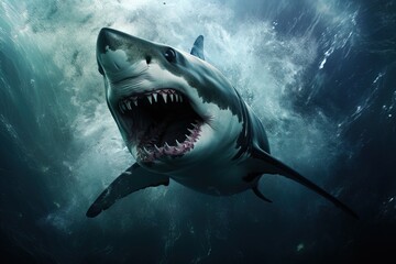 A ferocious great white shark attacks. Great for posters, wildlife stories, book covers and more.