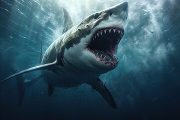 Fototapeta premium A ferocious great white shark attacks. Great for posters, wildlife stories, book covers and more.