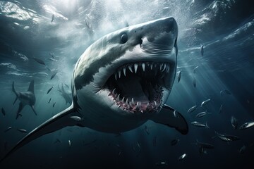 Obraz premium A ferocious great white shark attacks. Great for posters, wildlife stories, book covers and more.