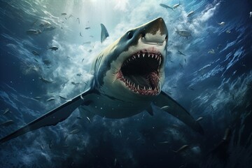 Fototapeta premium A ferocious great white shark attacks. Great for posters, wildlife stories, book covers and more.
