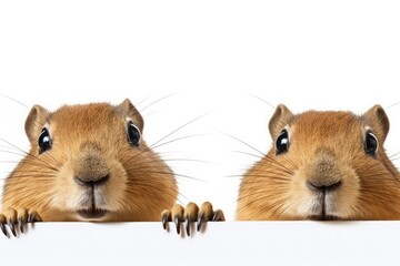 Two gophers peeking behind a white banner isolated on a white background.