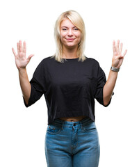 Fototapeta na wymiar Young beautiful blonde woman over isolated background showing and pointing up with fingers number nine while smiling confident and happy.