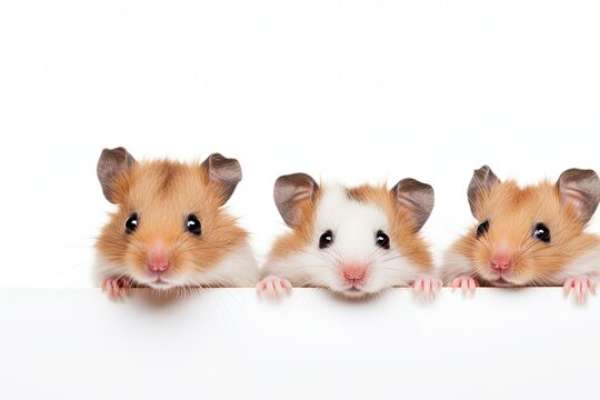Three hamsters peeking behind a white poster isolated on a white background.