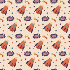 Fototapeta premium Vector seamless pattern with constellations, shooting star, rocket, black hole. Cute baby sky patterns in warm colors. Pastel wallpaper, repeating background.