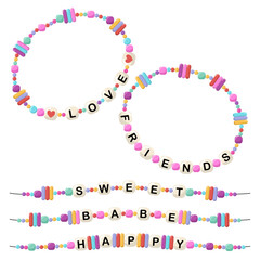 Collection of vector jewelry and children's ornaments. Bracelet made of handmade plastic beads. Set of bright colorful braided bracelets with words from the letters love, friends, sweet, baby, happy. - obrazy, fototapety, plakaty