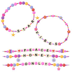 Collection of vector jewelry and children's ornaments. Bracelet made of handmade plastic beads. Set of bright colorful braided bracelets with words from the letters star, vibes, peace, honey, only.