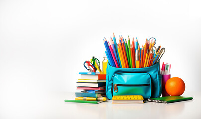 Fototapeta premium Back to school background with books and apple over blackboard. School bag and stuff on cork blackboard background with copy space, study education concept copy space
