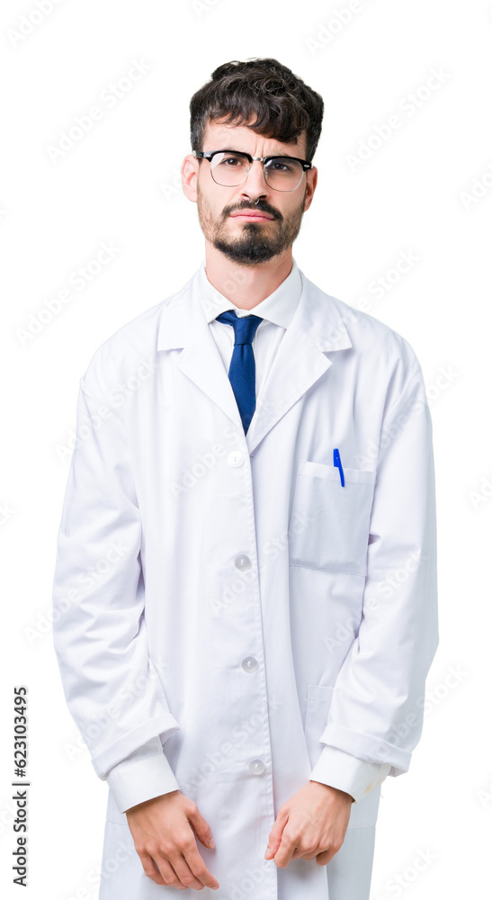 Sticker young professional scientist man wearing white coat over isolated background depressed and worry for