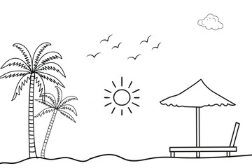 
Summer sunset tropical beach line art vector illustration, hand drawn sunset and sunrise outline landscape tropical beach, palm tree with sunset waves Nature view, Kids drawing Beach coloring pages
