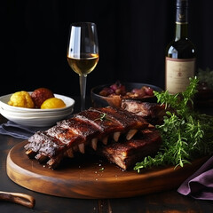 still life bottle of red wine roasted meat