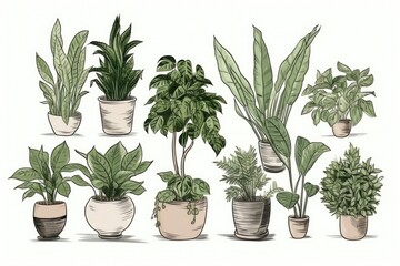 Fototapeta na wymiar Illustration of a collection of home green plants in pots on a light background.