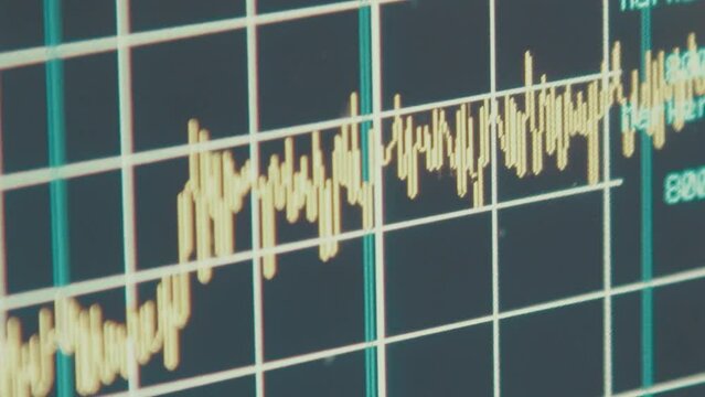 hand held macro shot of spectrum analyzer screen with megahertz decibels and other readings