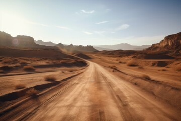 Picturesque desert landscape with a road in the middle.
