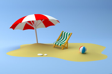 3d Vector Beach Chair, red Umbrella, Ball, Summer holiday, Time to travel concept