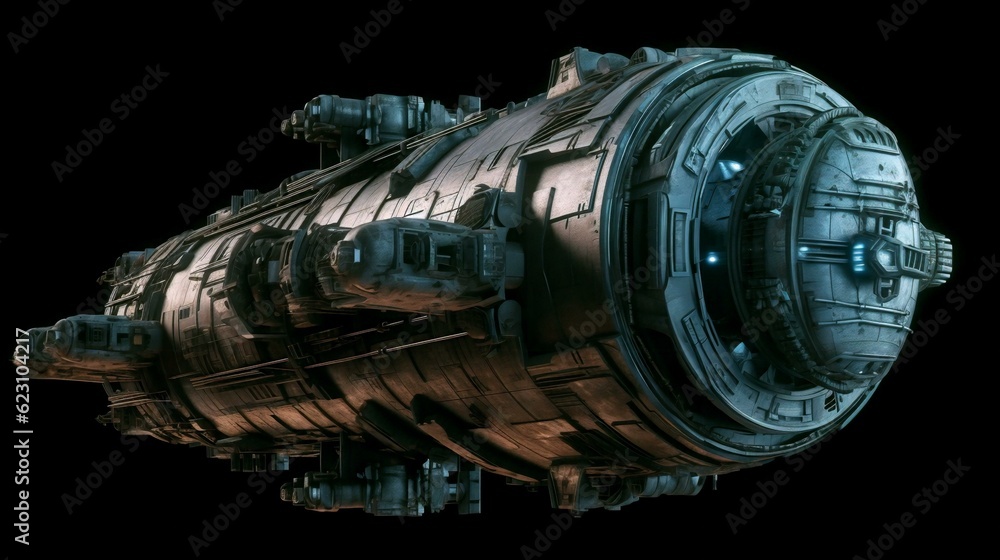Poster spaceship shuttle futuristic high-tech flies in open space on a black background of the universe and