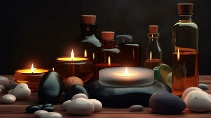 Scented candles, oil and stones for massage on the table in the spa salon. The concept of beauty and relaxation. AI generated