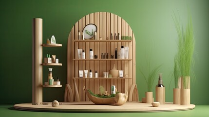 Cosmetics exhibition with a wooden podium photo realistic illustration - Generative AI.