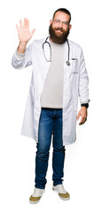 Young blond doctor man with beard wearing medical coat Waiving saying hello happy and smiling, friendly welcome gesture