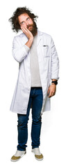 Crazy scientist with funny long hair thinking looking tired and bored with depression problems with...