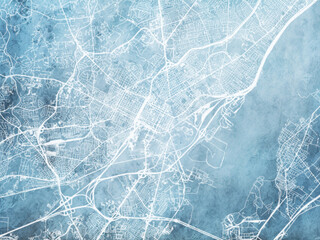Illustration of a map of the city of  Wilmington Delaware in the United States of America with white roads on a icy blue frozen background.