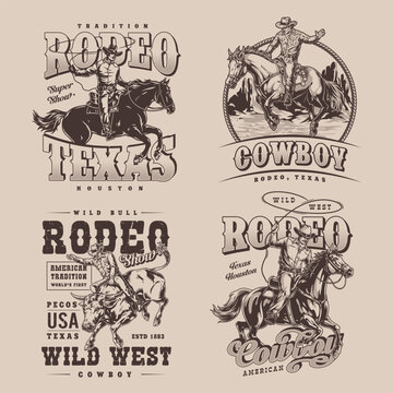 Cowboy rodeo set flyers monochrome