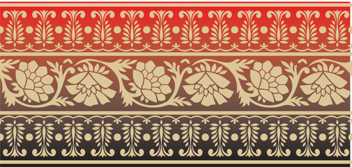 Vector seamless gold and red Indian national ornament. Ethnic endless plant border. Flowers frame. Poppies and leaves..