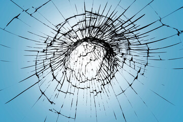 Cracked glass texture, web of broken screen. Cracked effect on blue background for design.