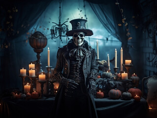 Fototapeta na wymiar Skeleton Jack surrounded by halloween decor pumpkin Jack-O-Lantern