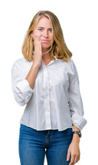 Beautiful young business woman over isolated background touching mouth with hand with painful expression because of toothache or dental illness on teeth. Dentist concept.