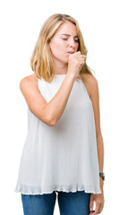 Beautiful young elegant woman over isolated background feeling unwell and coughing as symptom for cold or bronchitis. Healthcare concept.