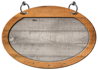 Old blank wooden sign with oval frame (ellipse shape) and steel rings for hanging. Isolated on...