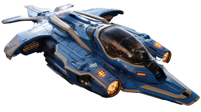 A blue and silver model of a futuristic space ship Transparent background.
