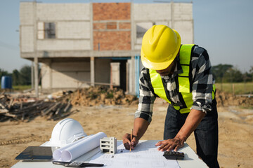 Engineer in helmet for workers security on office buildings and management on the construction drawing plan near laptop working in Engineering tools on desk.
