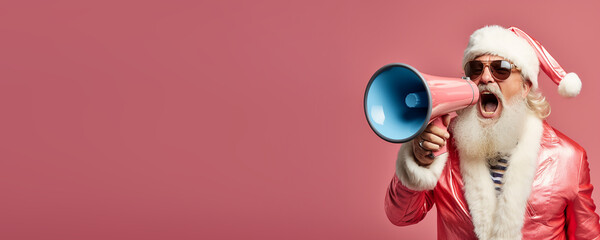Cool hipster Santa Clause shouting into a megaphone. Funky Christmas sale announcement banner. Generative AI