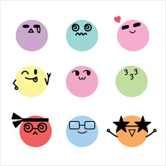 Emoji set, Faces emotions, expressive faces, Kawaii cute faces, Flat design, Pastel icons,  and Vector illustration icons set