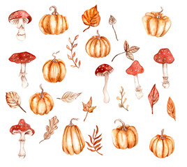 Watercolor hand drawn autumn leaves,pumpkins and mushrooms. Hand drawn illustration of autumn. Perfect for scrapbooking, kids design, wedding invitation, posters, greetings cards, party decoration.