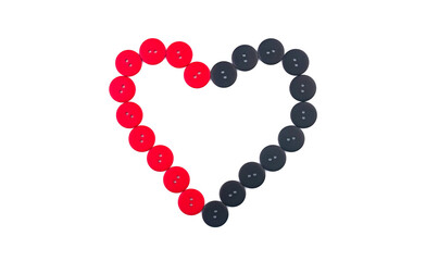 Shape of heart from red and black buttons on a white background