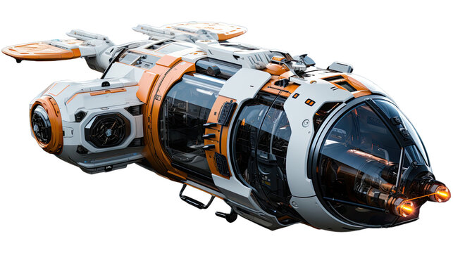 An orange and white space ship is shown Transparent background