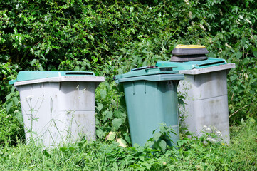 Wheelie bins in row for refuge collection in rural area