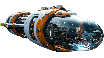 An orange and white space ship with a glass dome.  Transparent background