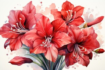 Watercolor illustration of red flower amaryllis. Generative AI