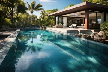 Fototapeta premium Exterior of a modern house and swimming pool. Generative AI