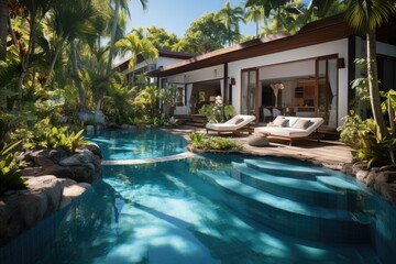 Obraz premium Exterior of a modern house and swimming pool. Generative AI