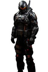 Fototapeta premium A futuristic cyborg man holding a gun in a black protective suit. Transparent background