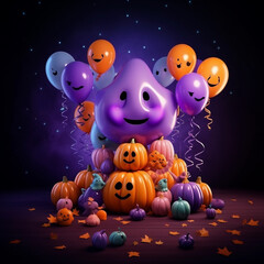 Trick or treat happy party with balloons and pumpkins for halloween