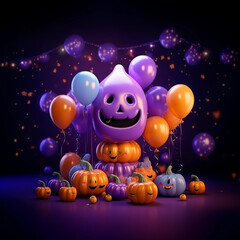 Trick or treat happy party with balloons and pumpkins for halloween